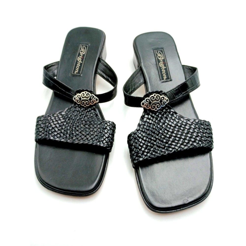NEW Vtg Brighton Raquel Black Woven Leather Sandals 9.5 M Slip On Square Toe